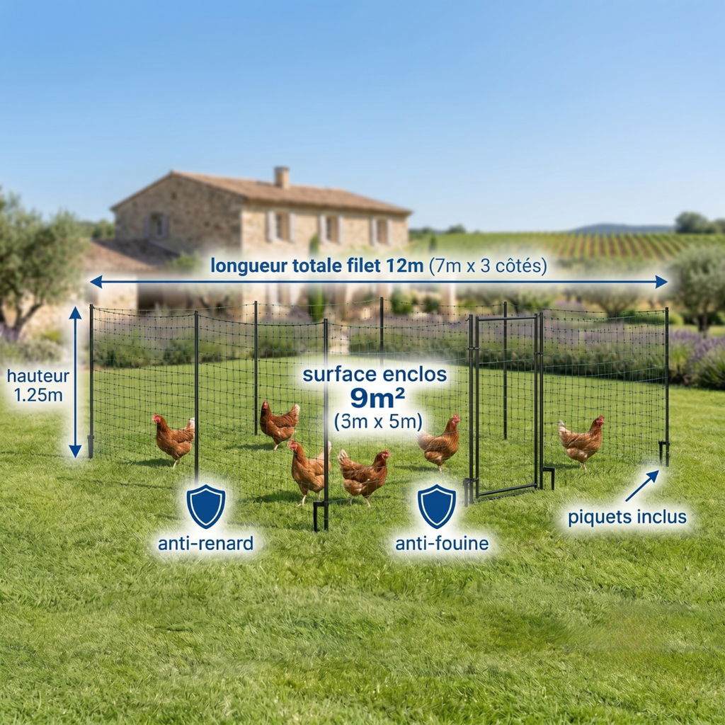 Filet Renforcé Enclos Poules 12m Hauteur 1.25m - Anti-Prédateur Anti-Renard Anti-Fouine Piquets Inclus