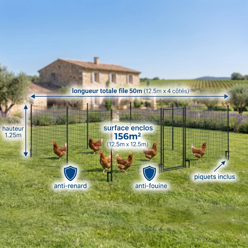 Filet Renforcé Enclos Poules 50m Hauteur 1.25m - Anti-Prédateur Anti-Renard Anti-Fouine Piquets Inclus
