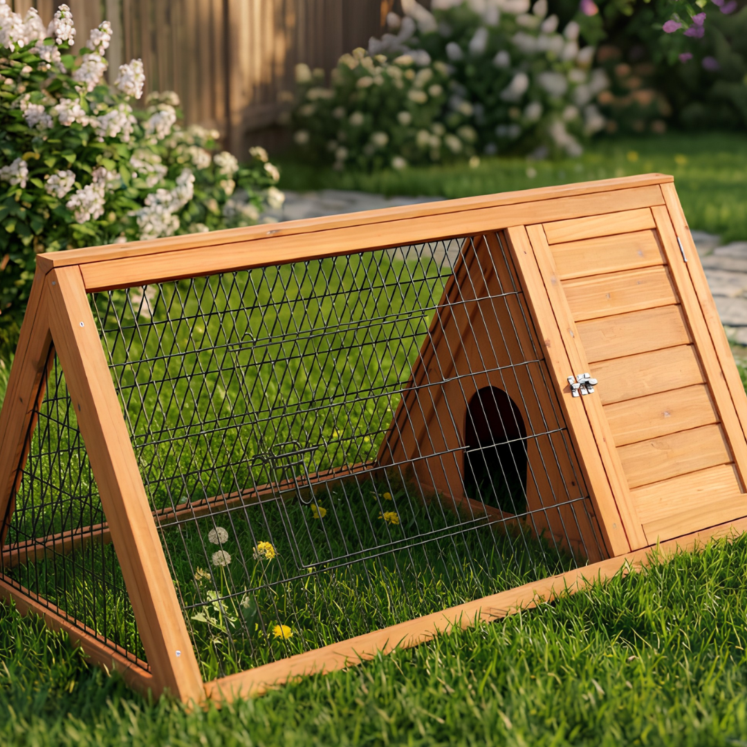 Clapier Triangulaire Grand Format en Bois avec Enclos — (116 x 63 x 52,5 cm)
