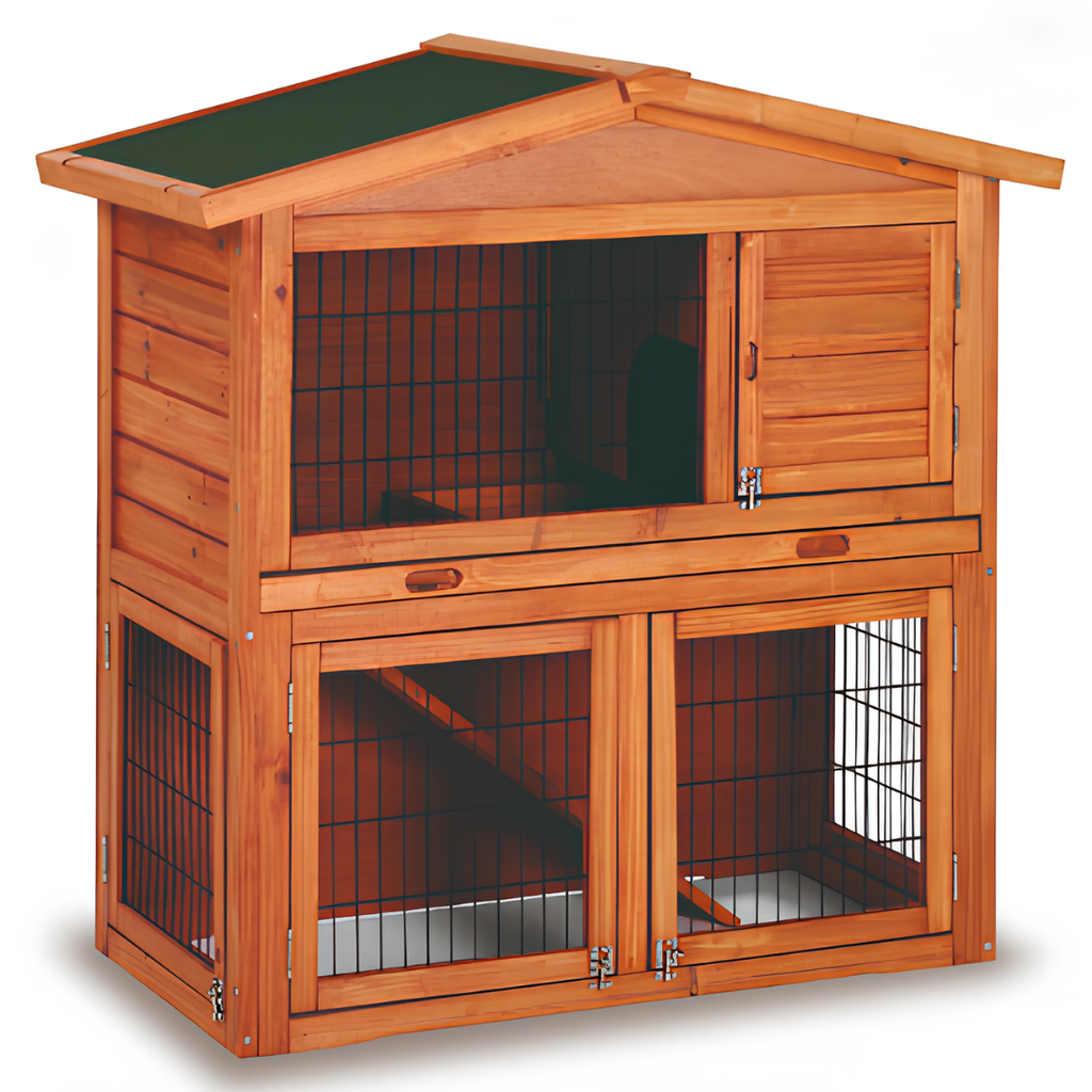 Clapier en Bois à 2 Étages avec Enclos & Terrasse — (101,5 x 54,7 x 100 cm)