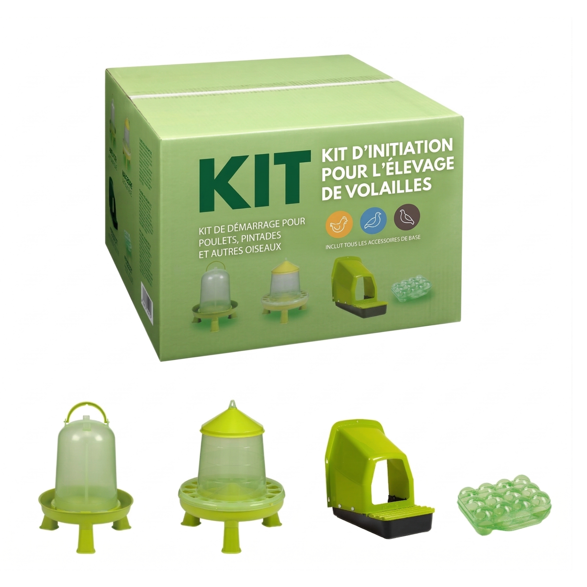 Kit de Démarrage 4-en-1 pour Poules — Mangeoire 5 kg, Abreuvoir 3L, Nid de Ponte & Boîte à Œufs