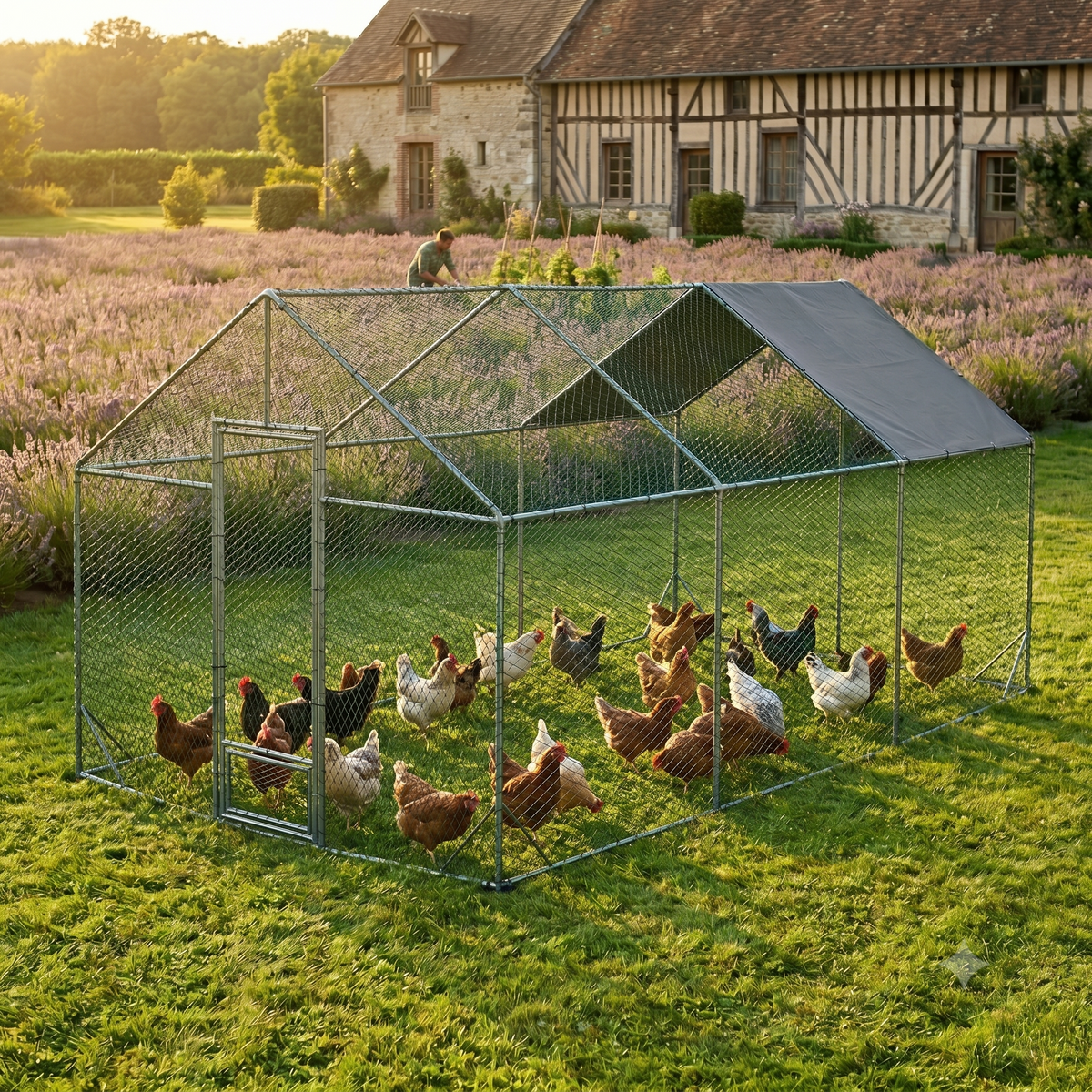 Enclos Poules XXL Métal 18m² — Filet Nylon Certifié Bâche Oxford 600D 602 x 300 cm