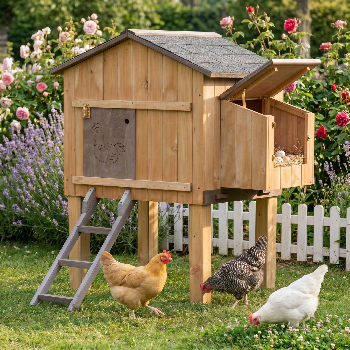 Poulailler 3 4 Poules en Bois Pin Nordique — Pondoir Toit Ouvrant Échelle Incluse