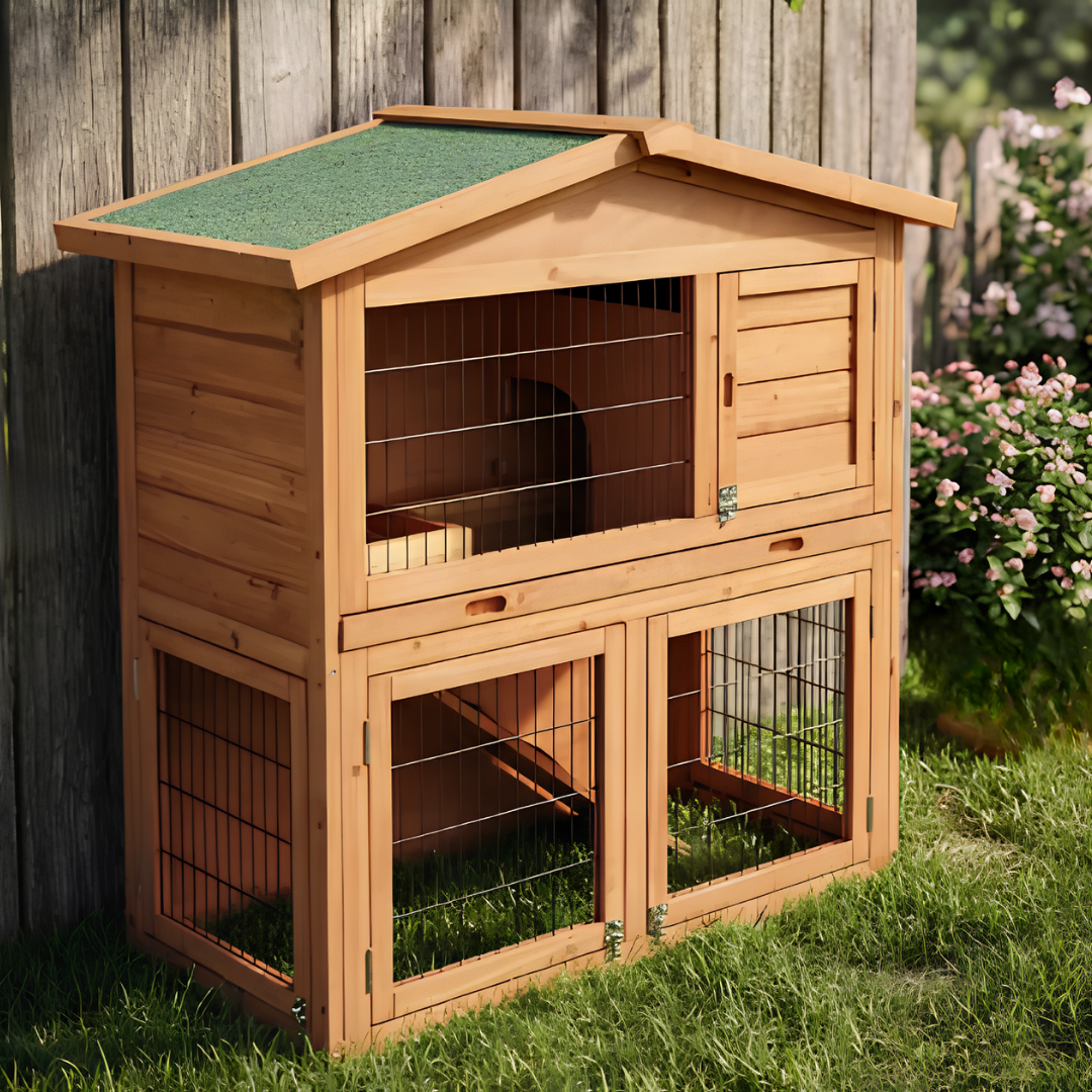 Clapier en Bois à 2 Étages avec Enclos & Terrasse — (101,5 x 54,7 x 100 cm)