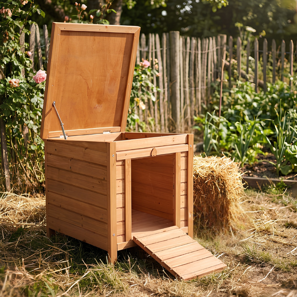 Cabane / Abri en Bois Surélevé avec Toit Ouvrant & Rampe —  (42 x 51,5 x 43 cm)