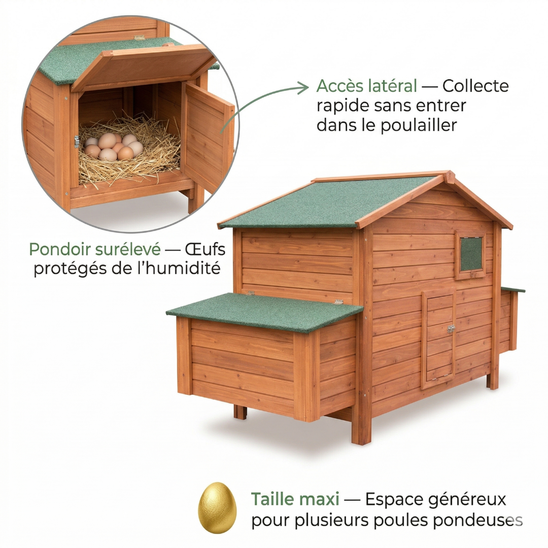 Poulailler Bois Grand Format — Pondoir Surélevé Côté Rabattable Sol Amovible