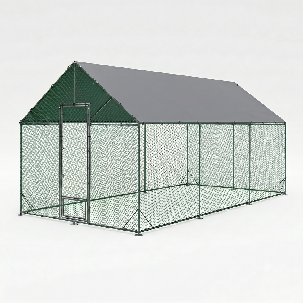 Enclos Poules XXL Métal 18m² — Filet Nylon Certifié Bâche Oxford 600D 602 x 300 cm