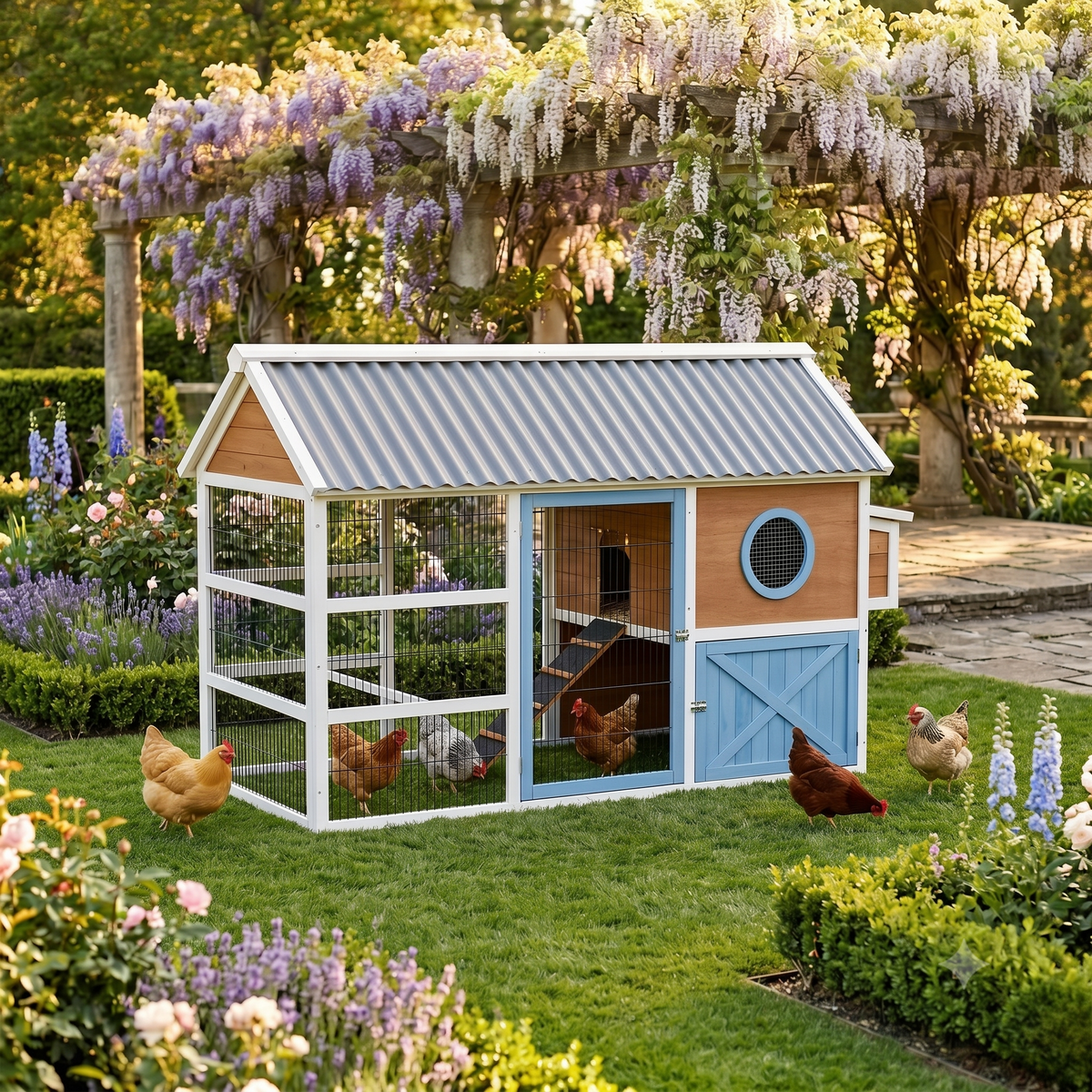 Poulailler 6 10 Poules Bois Métal Polyéthylène — Enclos Grillagé Design