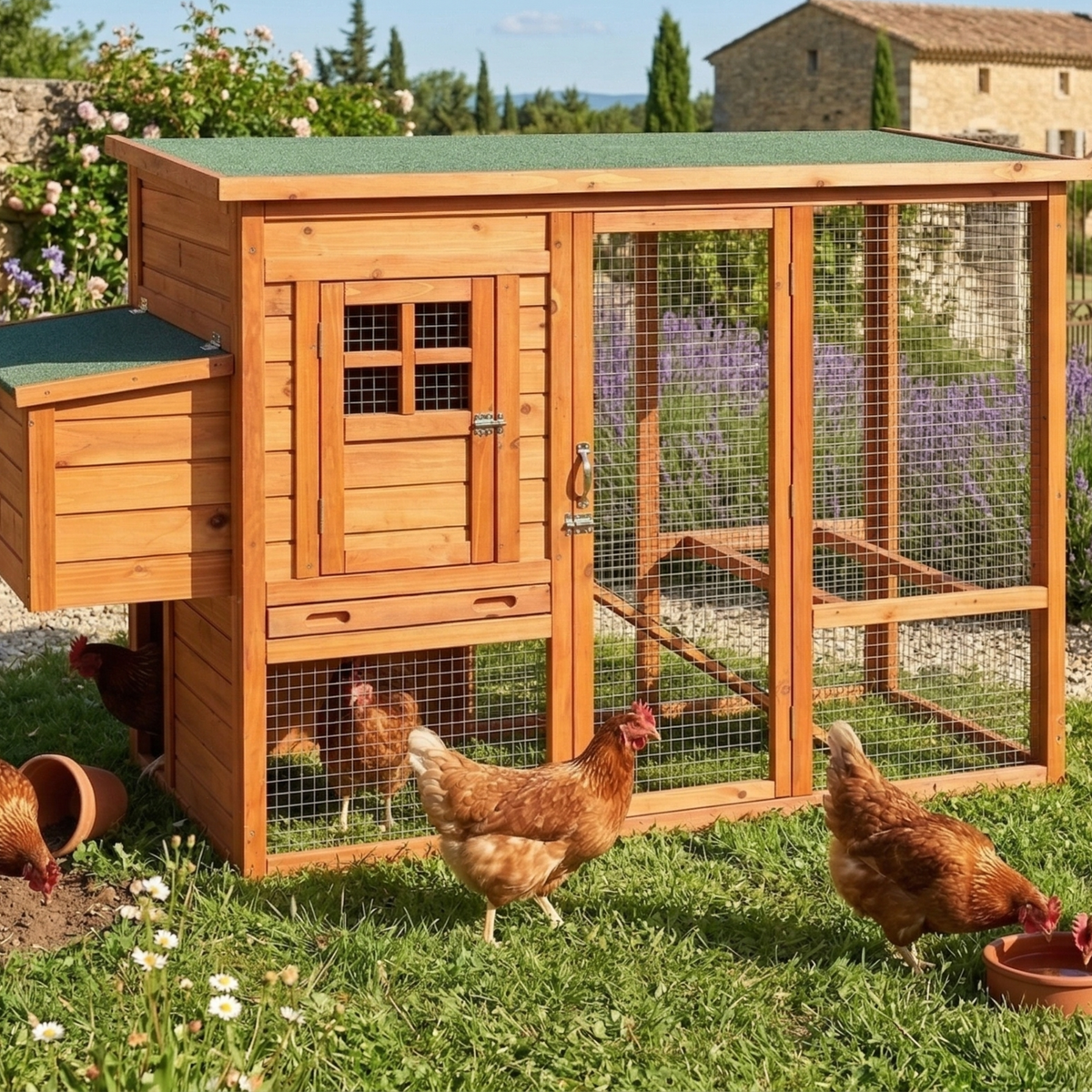 Poulailler en Bois Spacieux avec Enclos Grillagé & Pondoir Attenant — 3 à 5 Poules