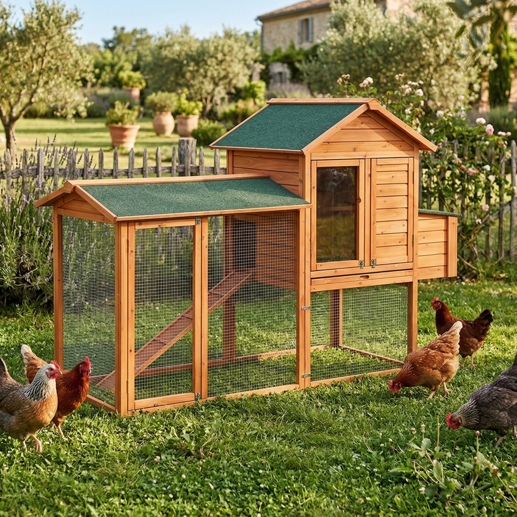 Grand Poulailler en Bois Surélevé avec Enclos XXL & Pondoir Latéral — 4 à 8 Poules