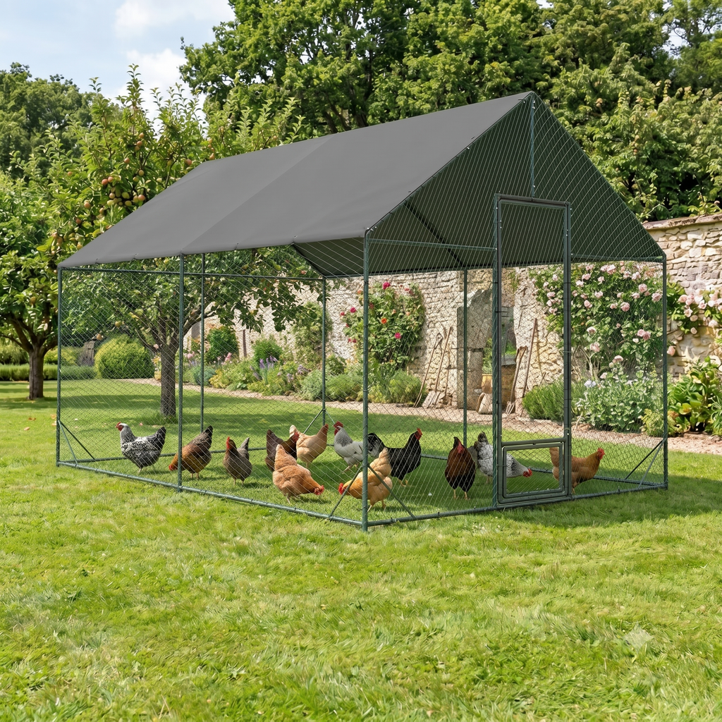 Enclos Poules XL Métal 11,6m² — Filet Nylon Certifié Bâche Oxford 600D 405 x 300 cm