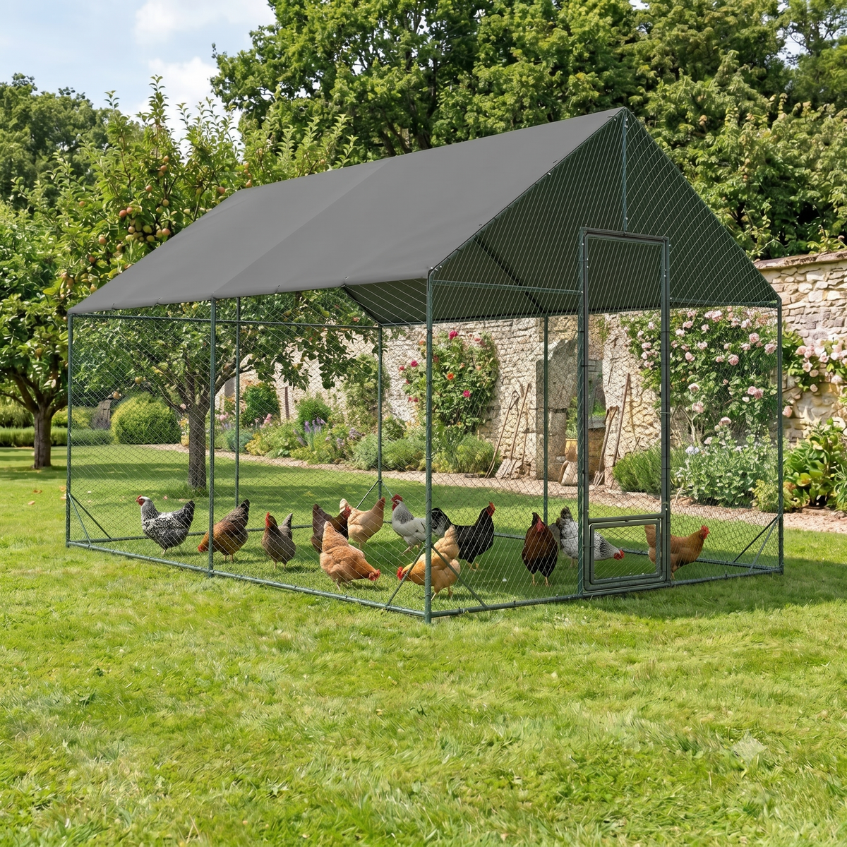 Enclos Poules XL Métal 11,6m² — Filet Nylon Certifié Bâche Oxford 600D 405 x 300 cm
