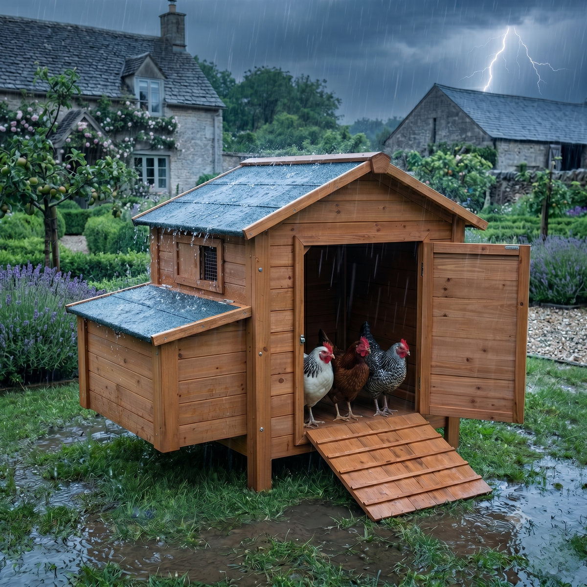 Poulailler 3 4 Poules Bois Traité — Toit Goudron Double Trappe Pondoir Extérieur