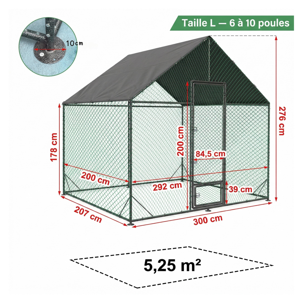 Poulailler Enclos XL Métal 11,6m² — Structure Acier Galvanisé & Toit Imperméable