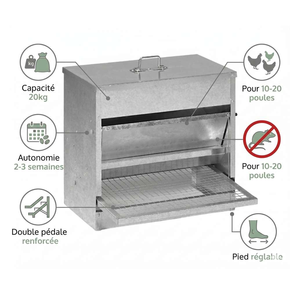 Mangeoire Anti-Gaspillage & Anti-Nuisibles à Pédale XXL 20 kg — Métal Galvanisé