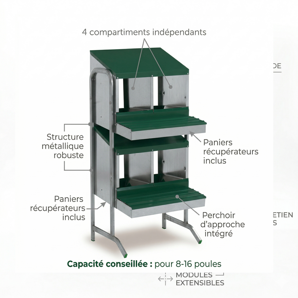 Batterie de Pondoirs Métallique 4 Compartiments sur Pieds — Fond Plastique & Collecteur d'Œufs