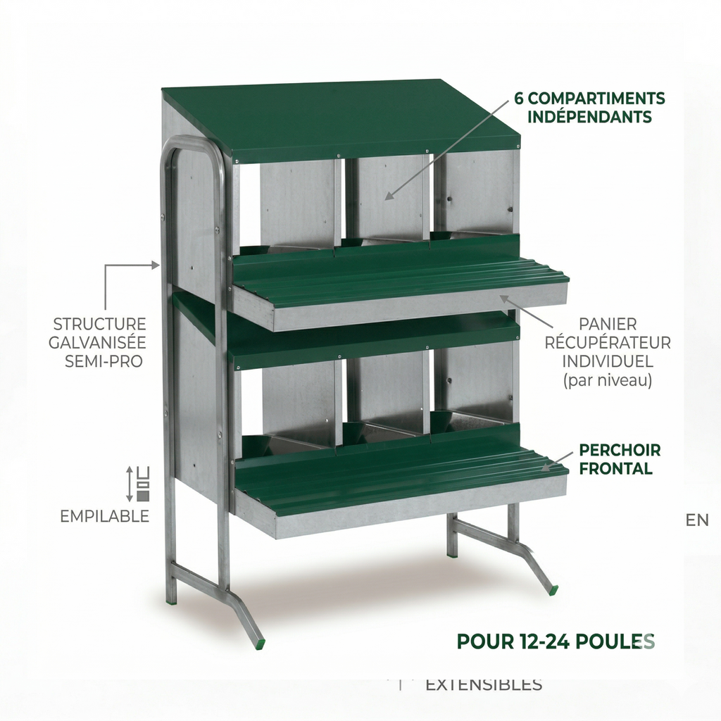 Batterie de Pondoirs Métallique 6 Compartiments sur Pieds — Cuvettes Plastique & Collecteur d'Œufs
