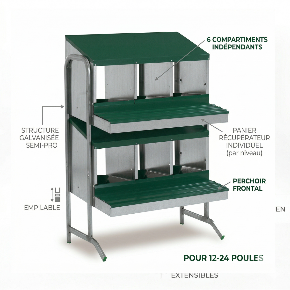 Batterie de Pondoirs Métallique 6 Compartiments sur Pieds — Cuvettes Plastique & Collecteur d'Œufs