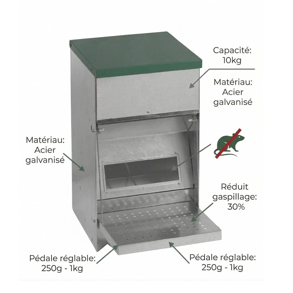 Mangeoire Anti-Gaspillage & Anti-Nuisibles à Pédale 10 kg — Métal Galvanisé