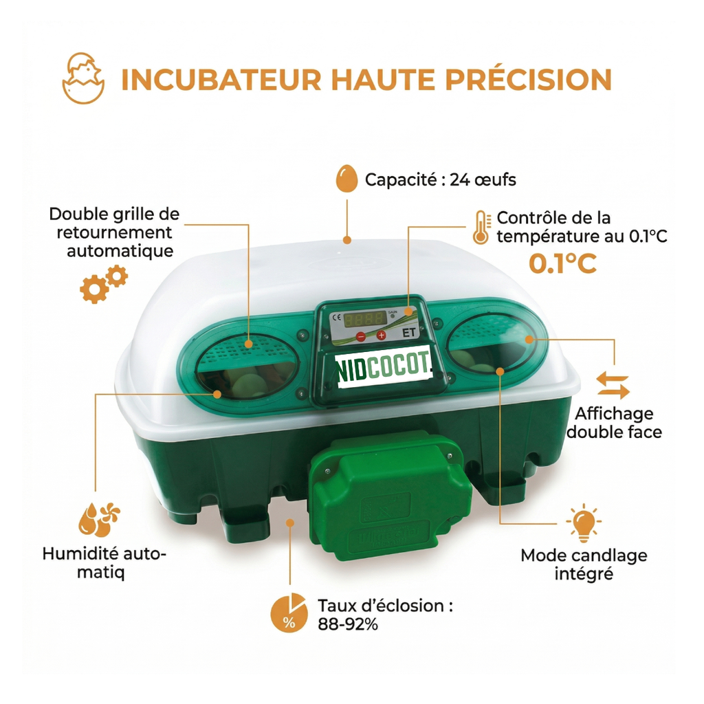 Couveuse Digitale Automatique 24 Œufs — Panier Universel & Éclairage LED Intérieur