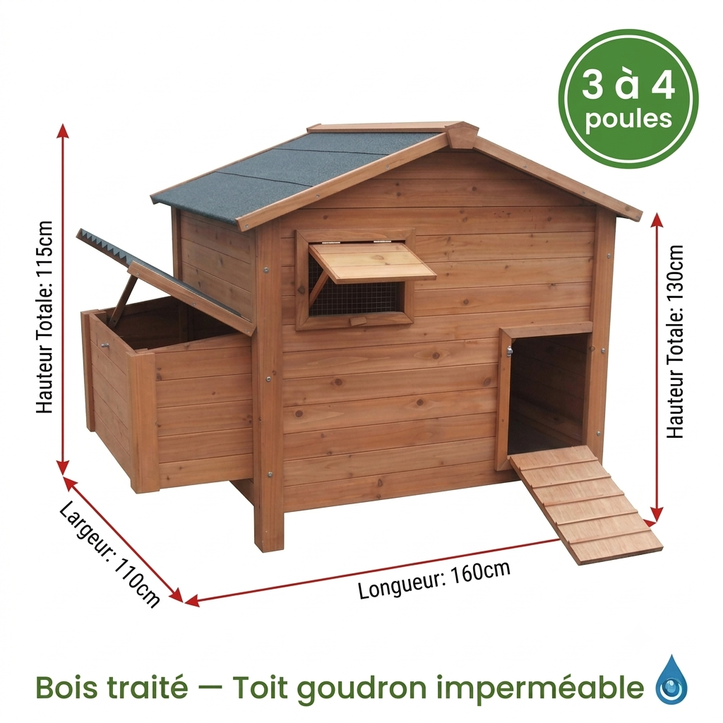 Poulailler 3 4 Poules Bois Traité — Toit Goudron Double Trappe Pondoir Extérieur