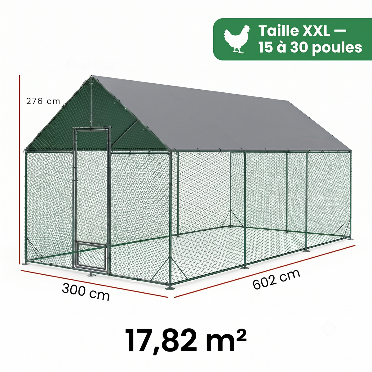 Enclos Poules XXL Métal 18m² — Filet Nylon Certifié Bâche Oxford 600D 602 x 300 cm