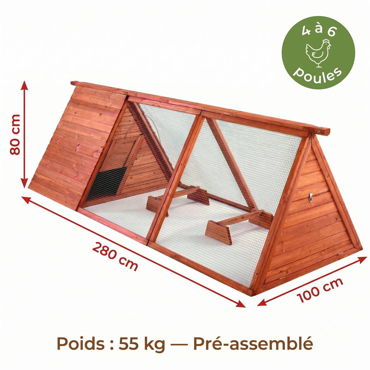 Poulailler 4 6 Poules Bois Format Allongé — Plancher Ouvert Poignée Transport Pré-Assemblé