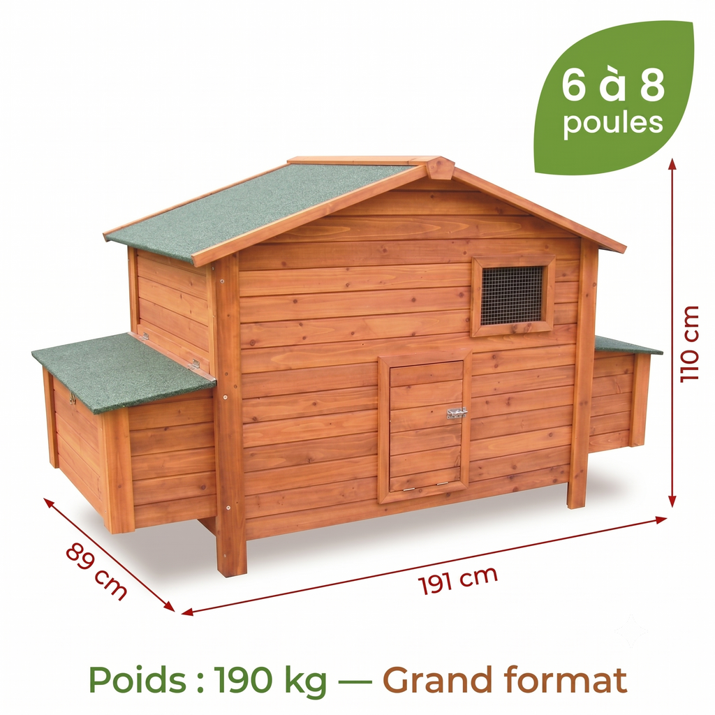 Poulailler 6 8 Poules Bois Grand Format — Pondoir Surélevé Côté Rabattable Sol Amovible