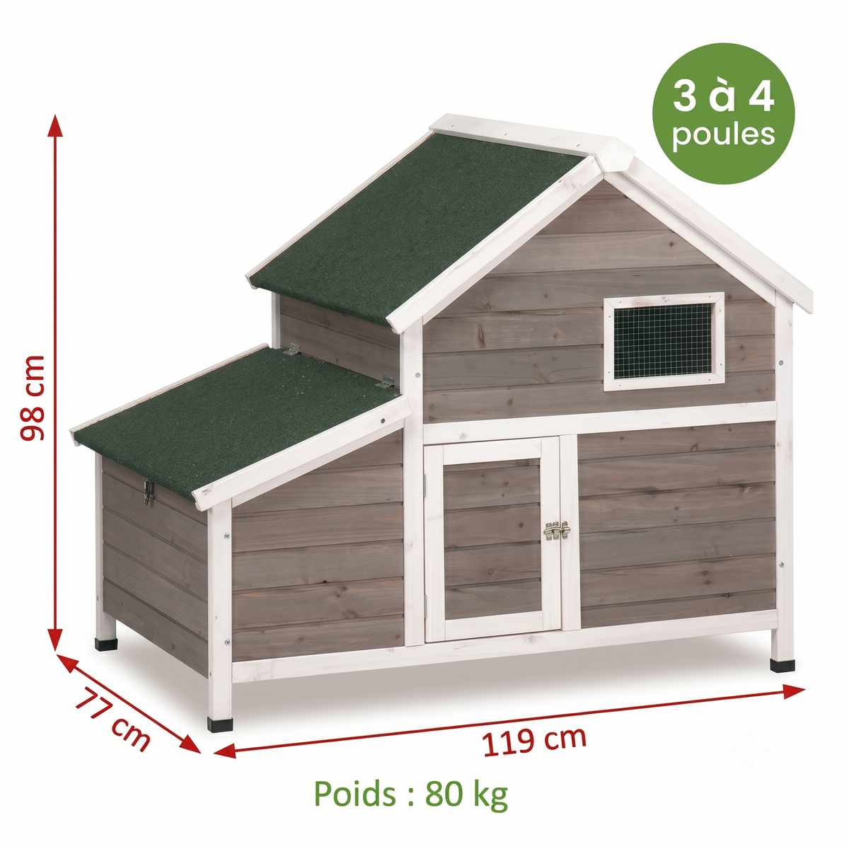 Poulailler 3 4 Poules en Bois Peint — Toit Imperméable Rabattable Fenêtre Ventilation