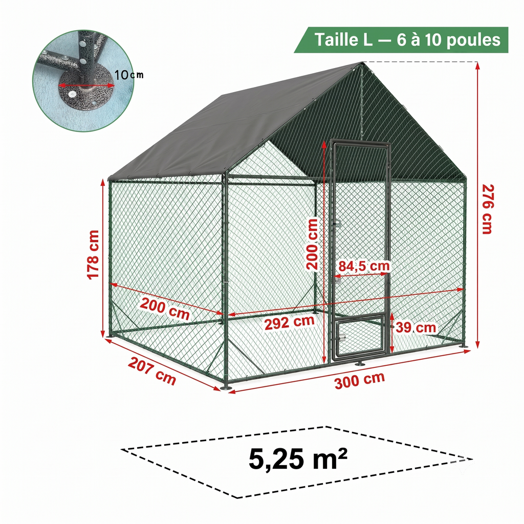 Enclos Poules Métal 5m² — Filet Nylon Certifié Bâche Oxford 600D 300 x 207 cm