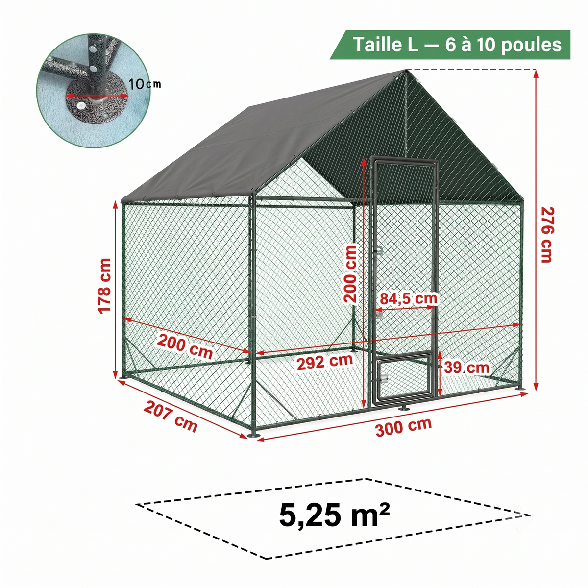 Enclos Poules Métal 5m² — Filet Nylon Certifié Bâche Oxford 600D 300 x 207 cm