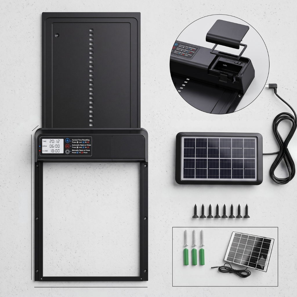 Porte Automatique Solaire pour Poulailler en Aluminium — Minuterie, Télécommande & Anti-Pincement