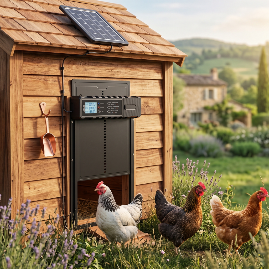 Porte Automatique Solaire pour Poulailler en Aluminium — Minuterie, Télécommande & Anti-Pincement