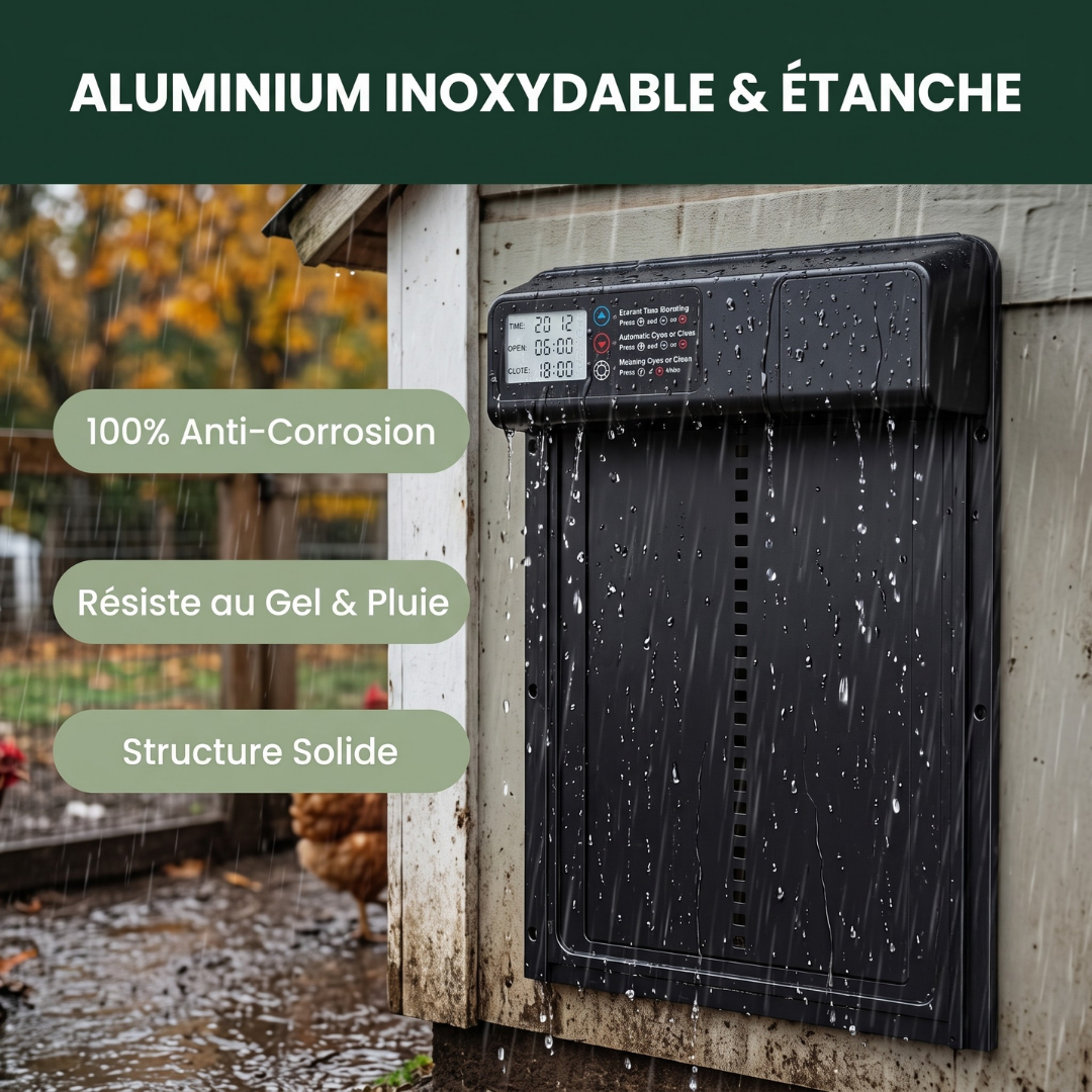 Porte Automatique Solaire pour Poulailler en Aluminium — Minuterie, Télécommande & Anti-Pincement
