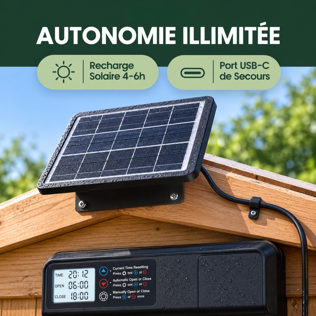 Porte Automatique Solaire pour Poulailler en Aluminium — Minuterie, Télécommande & Anti-Pincement
