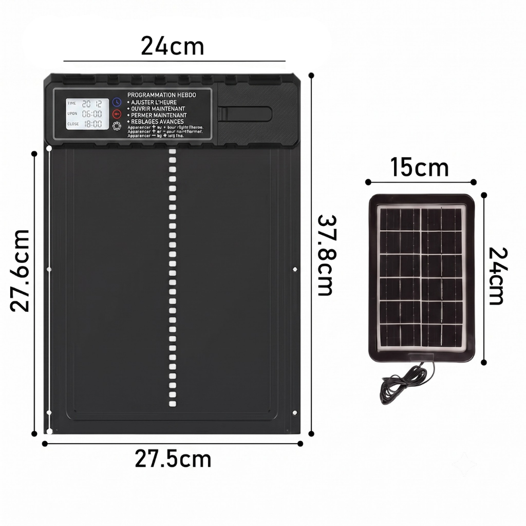 Porte Automatique Solaire pour Poulailler en Aluminium — Minuterie, Télécommande & Anti-Pincement