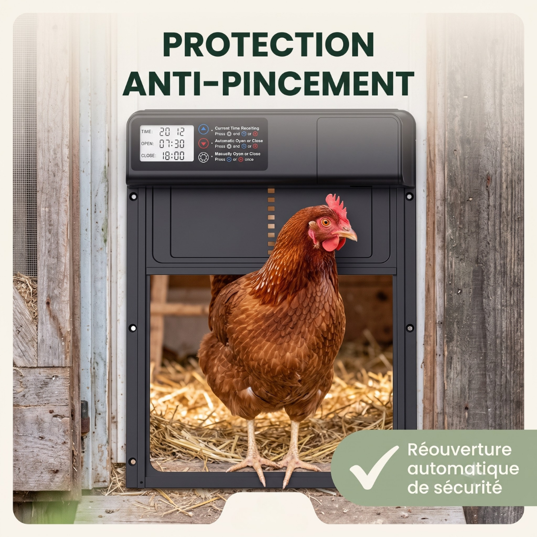 Porte Automatique Solaire pour Poulailler en Aluminium — Minuterie, Télécommande & Anti-Pincement