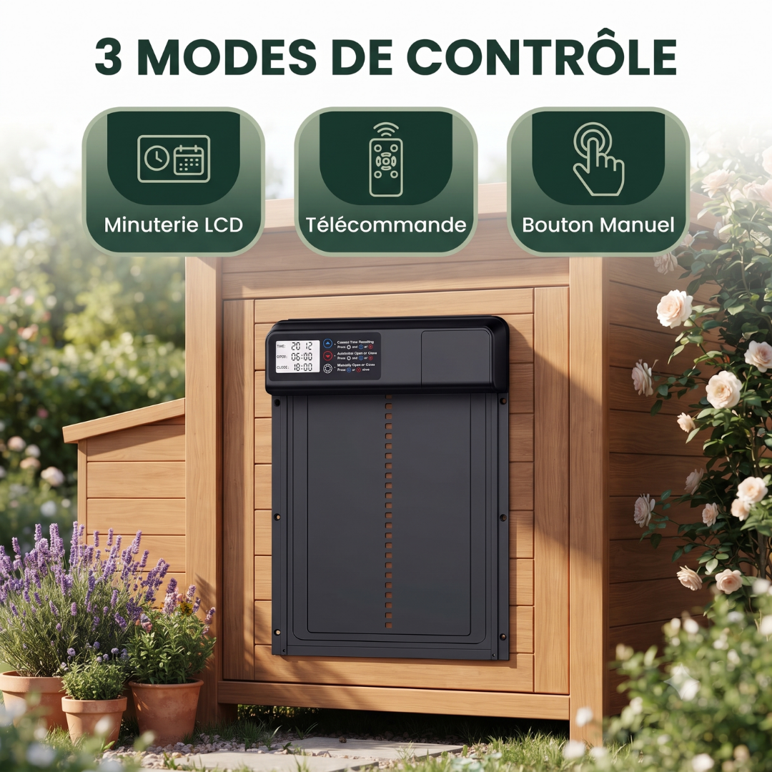 Porte Automatique Solaire pour Poulailler en Aluminium — Minuterie, Télécommande & Anti-Pincement