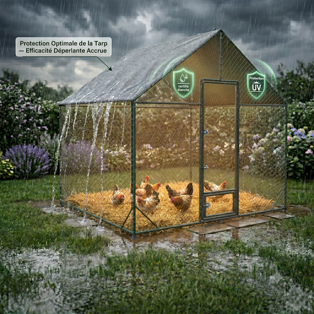 Enclos Poules Métal 5m² — Filet Nylon Certifié Bâche Oxford 600D 300 x 207 cm