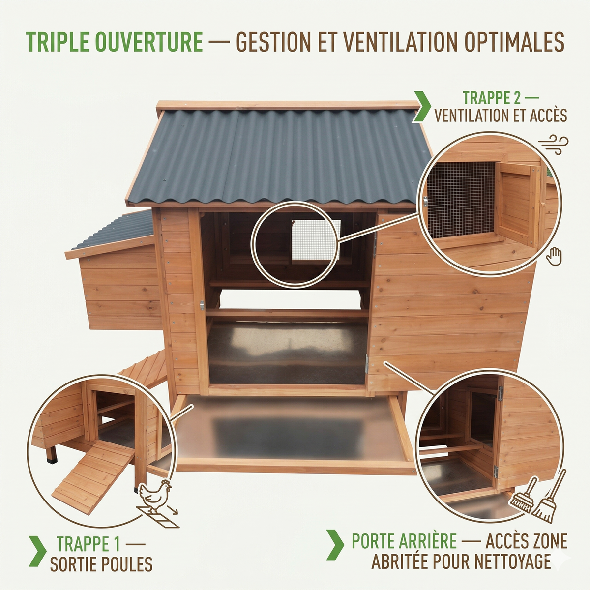 Poulailler Bois Traité — Toit Goudron Double Trappe Pondoir Extérieur