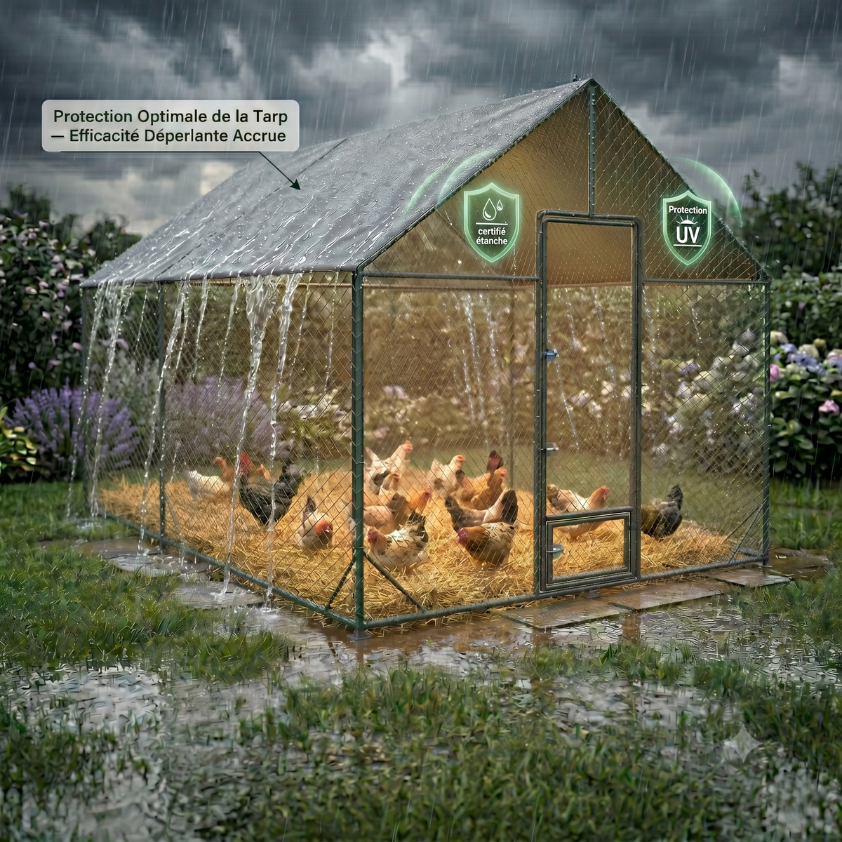 Enclos Poules XXL Métal 18m² — Filet Nylon Certifié Bâche Oxford 600D 602 x 300 cm