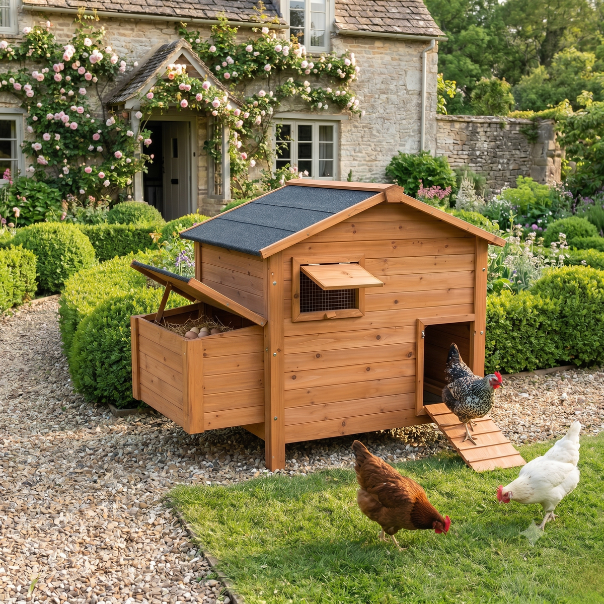 Poulailler 3 4 Poules Bois Traité — Toit Goudron Double Trappe Pondoir Extérieur