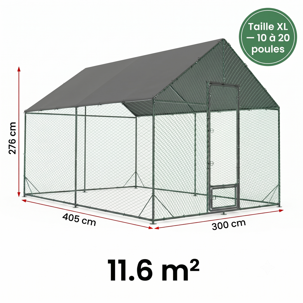 Enclos Poules XL Métal 11,6m² — Filet Nylon Certifié Bâche Oxford 600D 405 x 300 cm