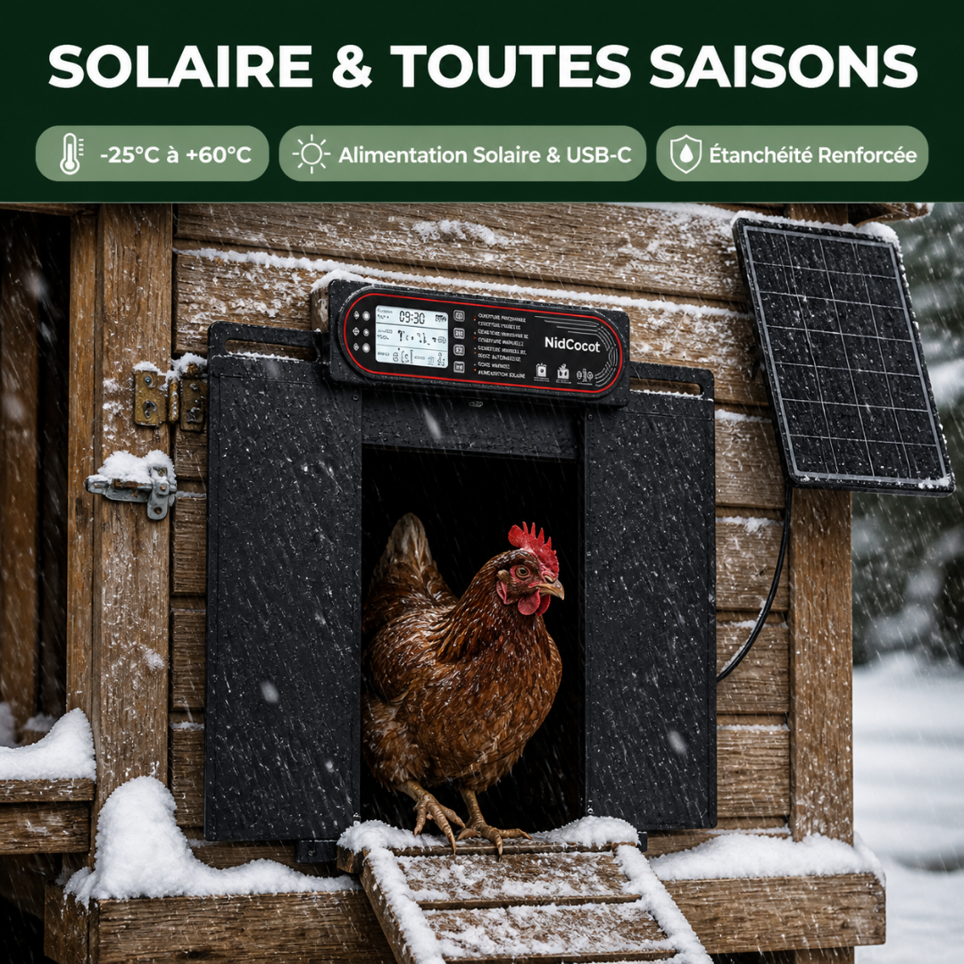 Porte Automatique Solaire  Poule Coulissante 4-en-1 — Capteur Lumière, Minuterie & Anti-Pincement