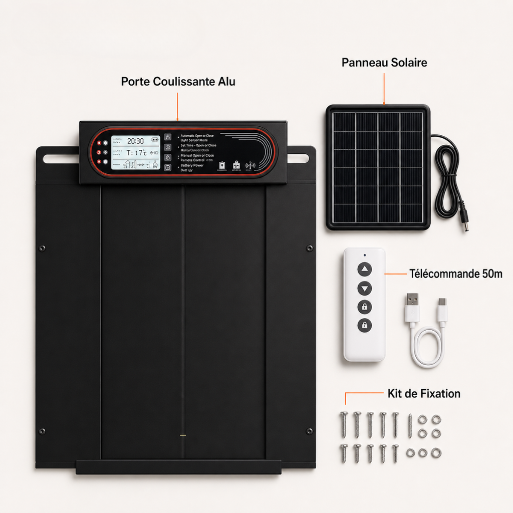 Porte Automatique Solaire  Poule Coulissante 4-en-1 — Capteur Lumière, Minuterie & Anti-Pincement