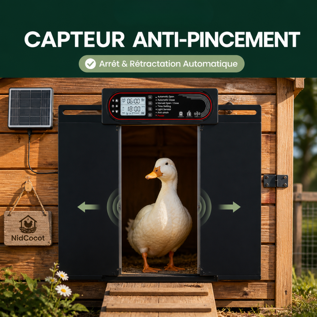Porte Automatique Solaire  Poule Coulissante 4-en-1 — Capteur Lumière, Minuterie & Anti-Pincement