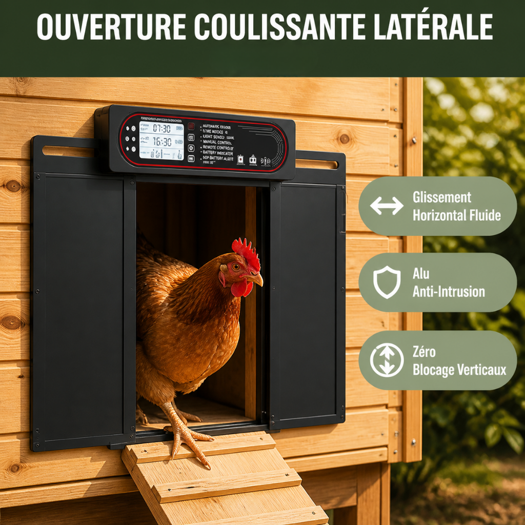 Porte Automatique Solaire  Poule Coulissante 4-en-1 — Capteur Lumière, Minuterie & Anti-Pincement