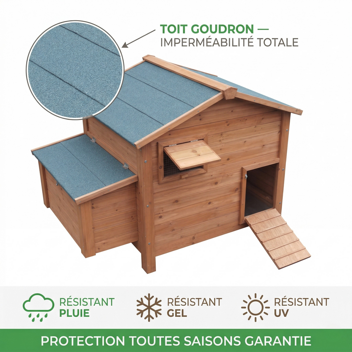 Poulailler Bois Traité — Toit Goudron Double Trappe Pondoir Extérieur