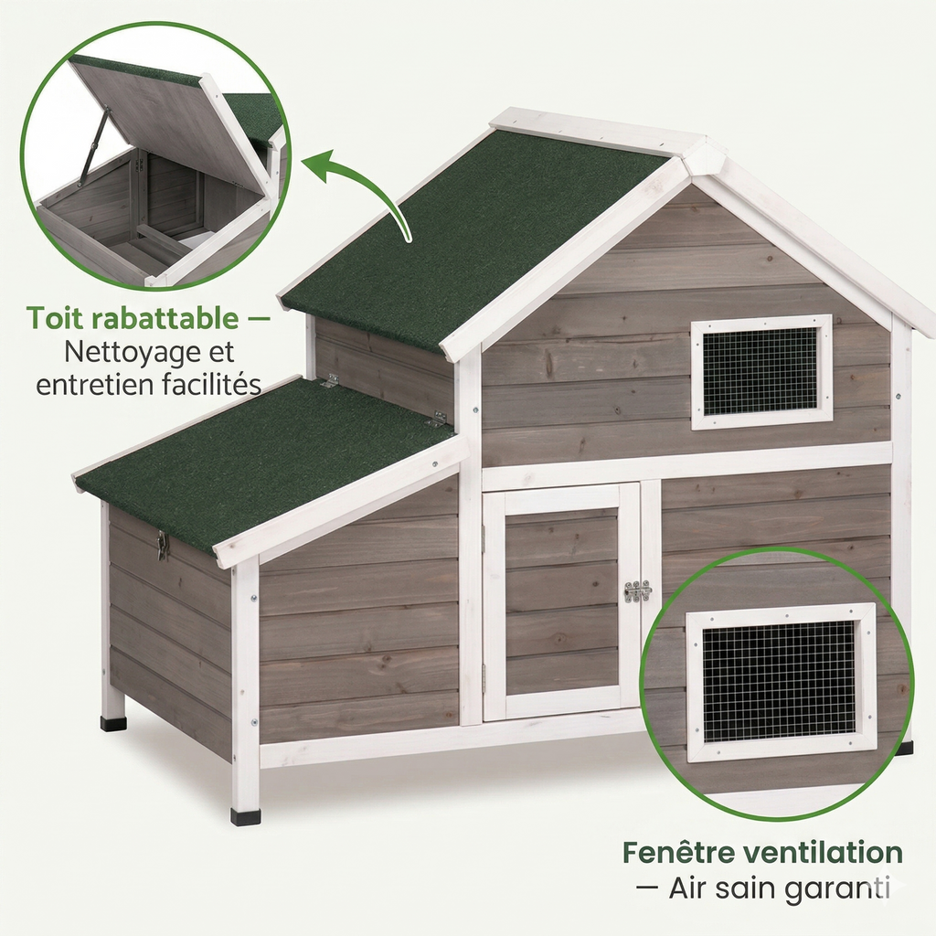 Poulailler en Bois Peint — Toit Imperméable Rabattable Fenêtre Ventilation