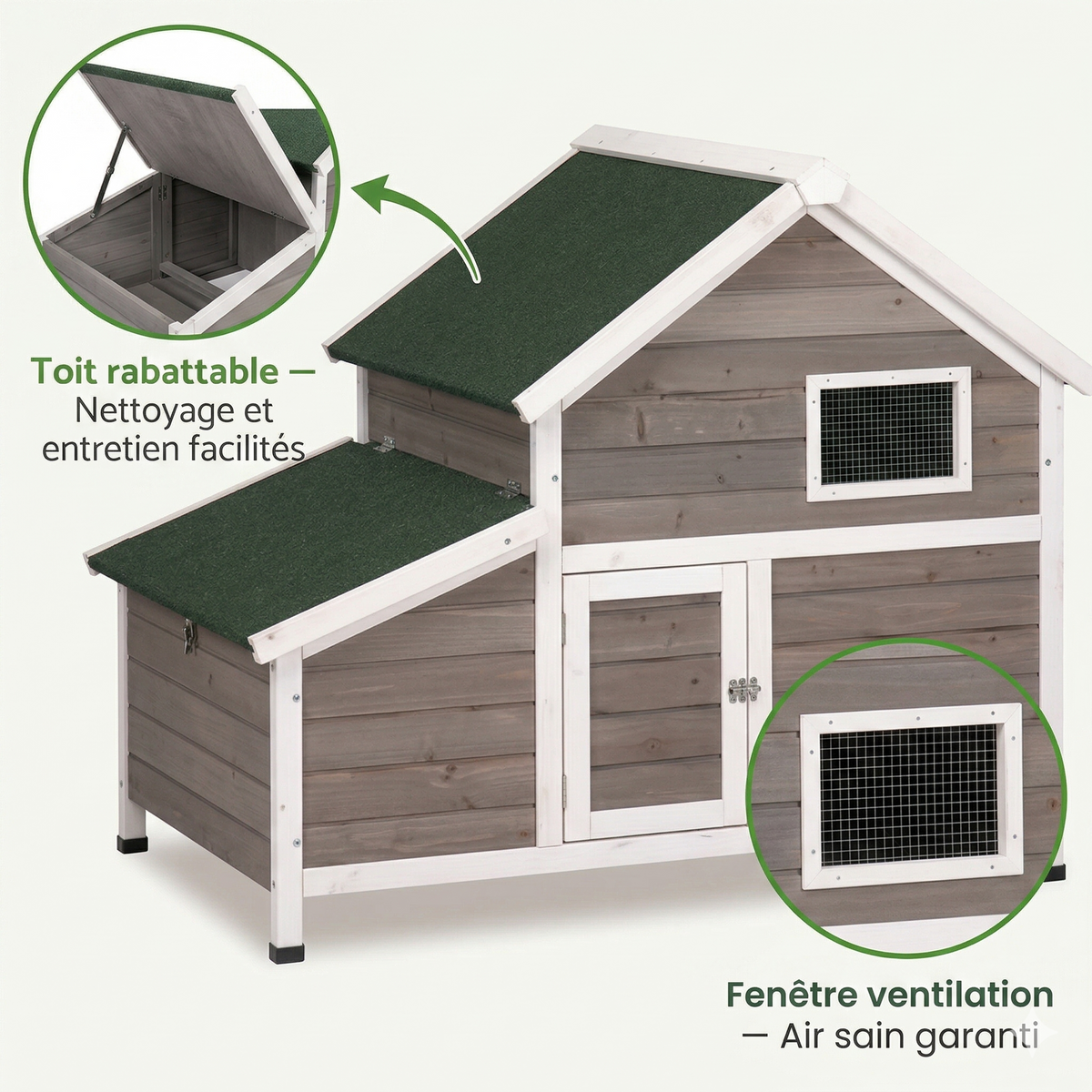 Poulailler en Bois Peint — Toit Imperméable Rabattable Fenêtre Ventilation